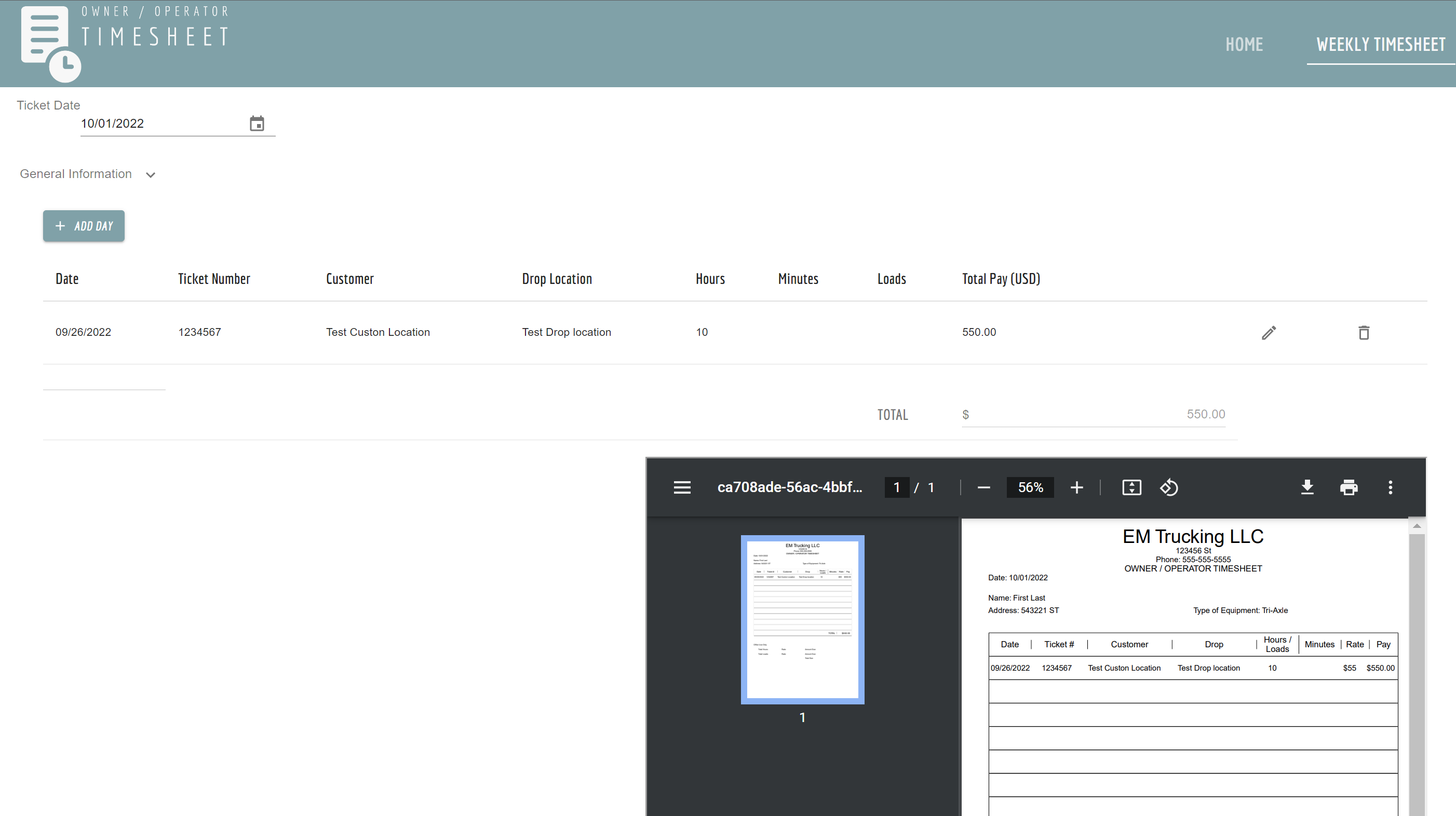 Owner Operator Time sheet